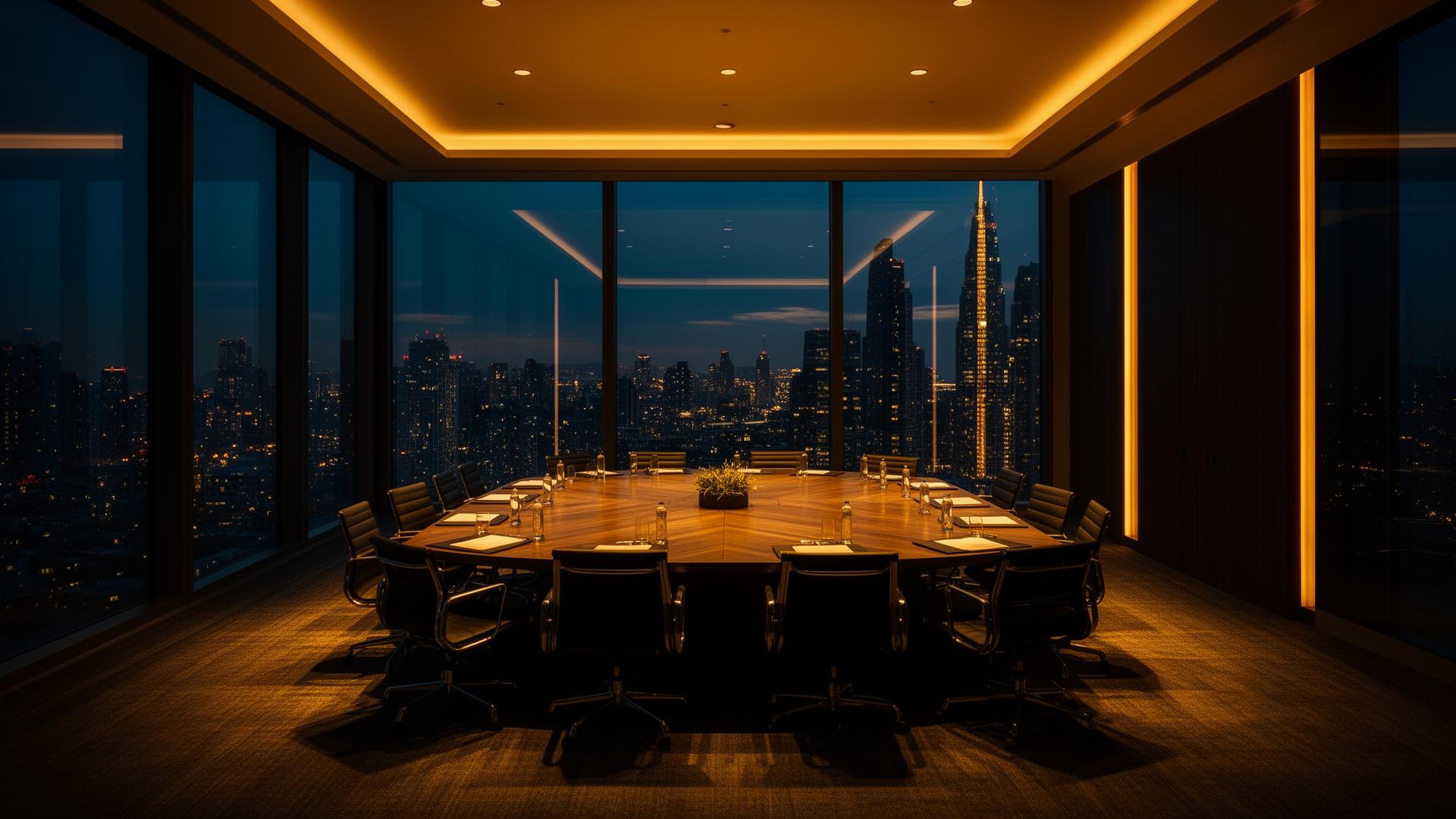 Sala de reunião executiva com vista panorâmica da cidade