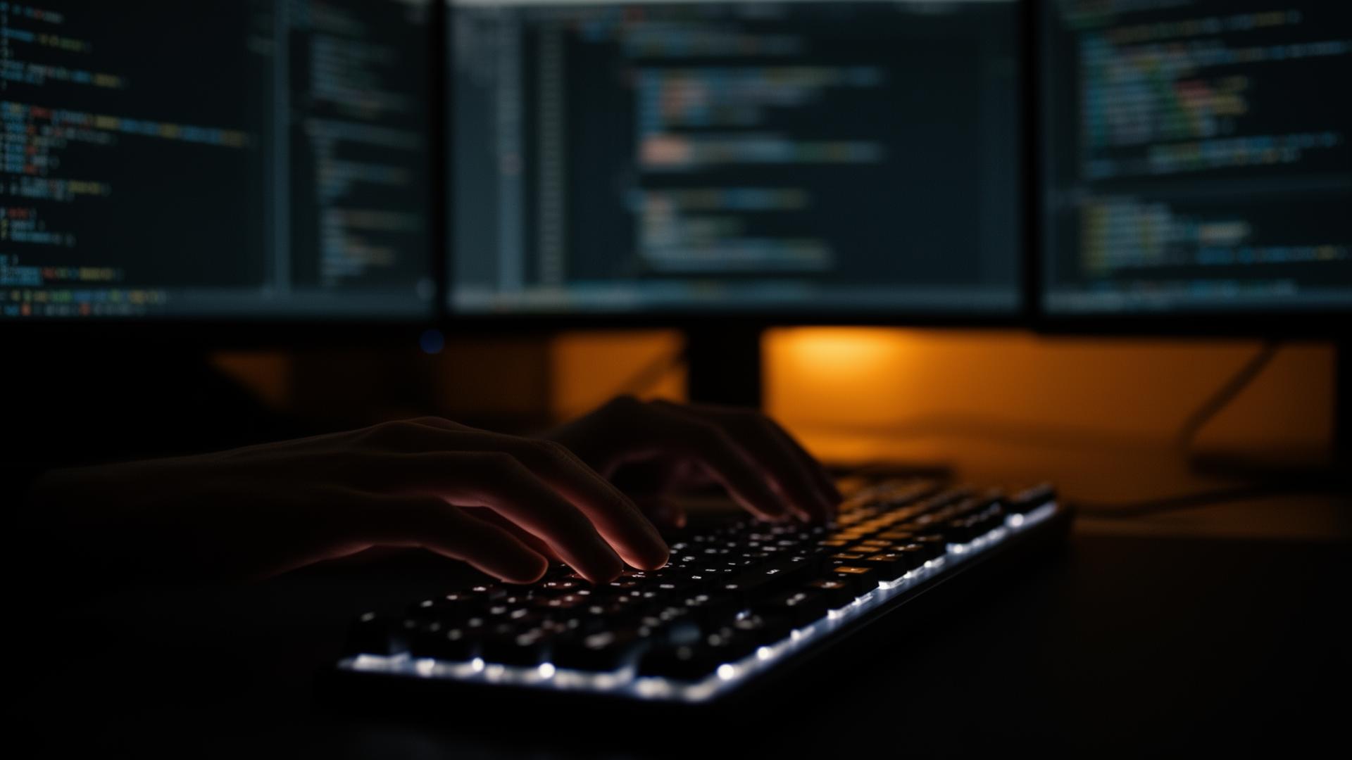 Mãos digitando em teclado retroiluminado com monitores ao fundo