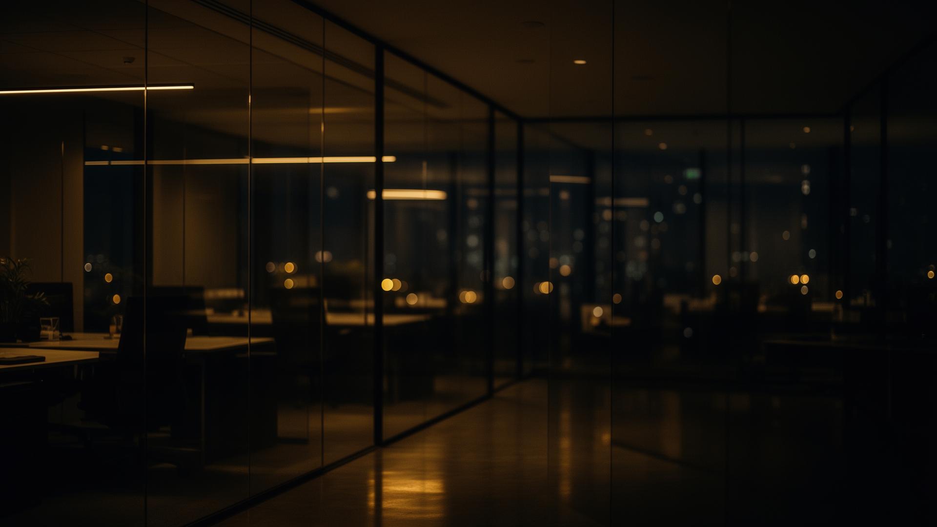Escritório corporativo moderno à noite com iluminação dourada