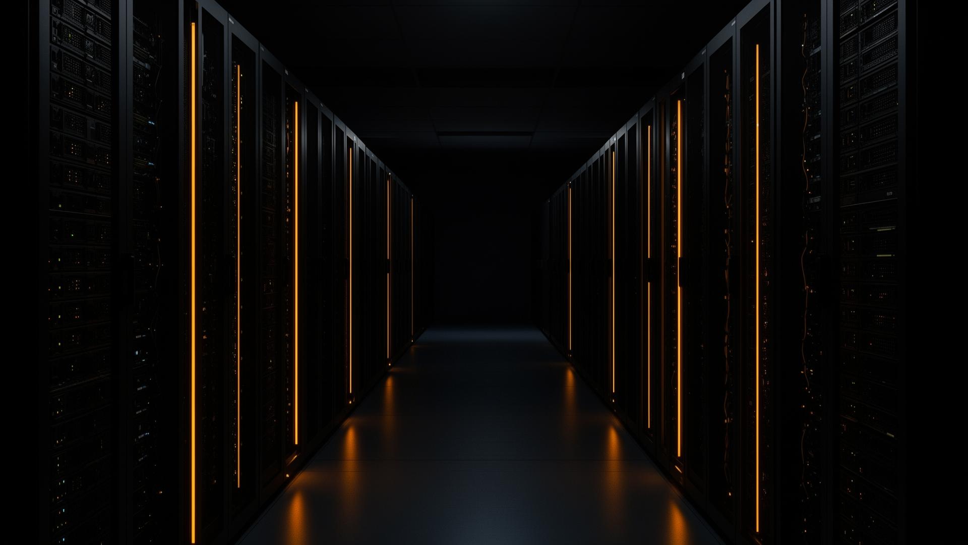 Data center com racks de servidores iluminados em âmbar