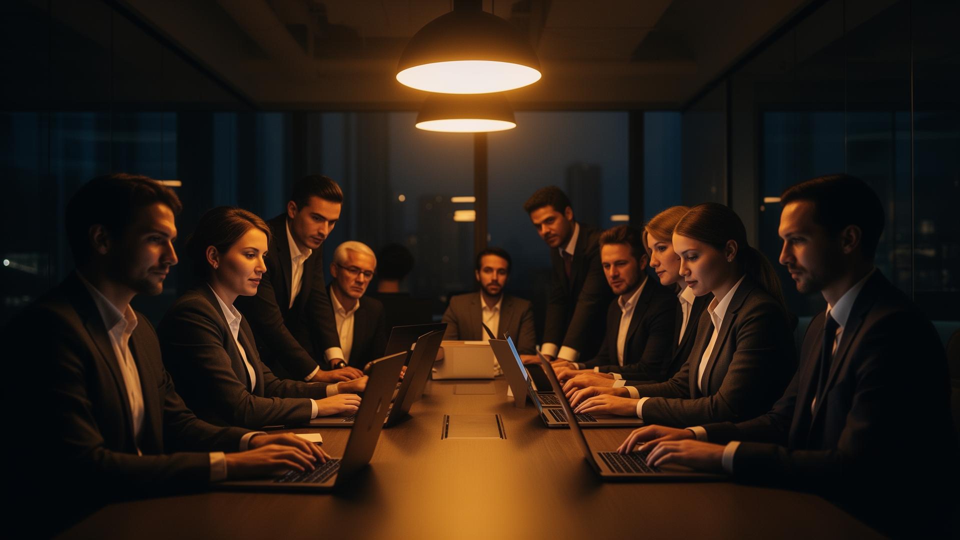 Equipe de consultores reunidos analisando dados em laptops